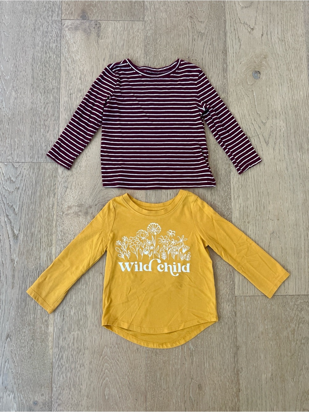 2T Girls' Long-Sleeve Tee Set — Burgundy Stripe & Mustard Floral Graphic 🌼
